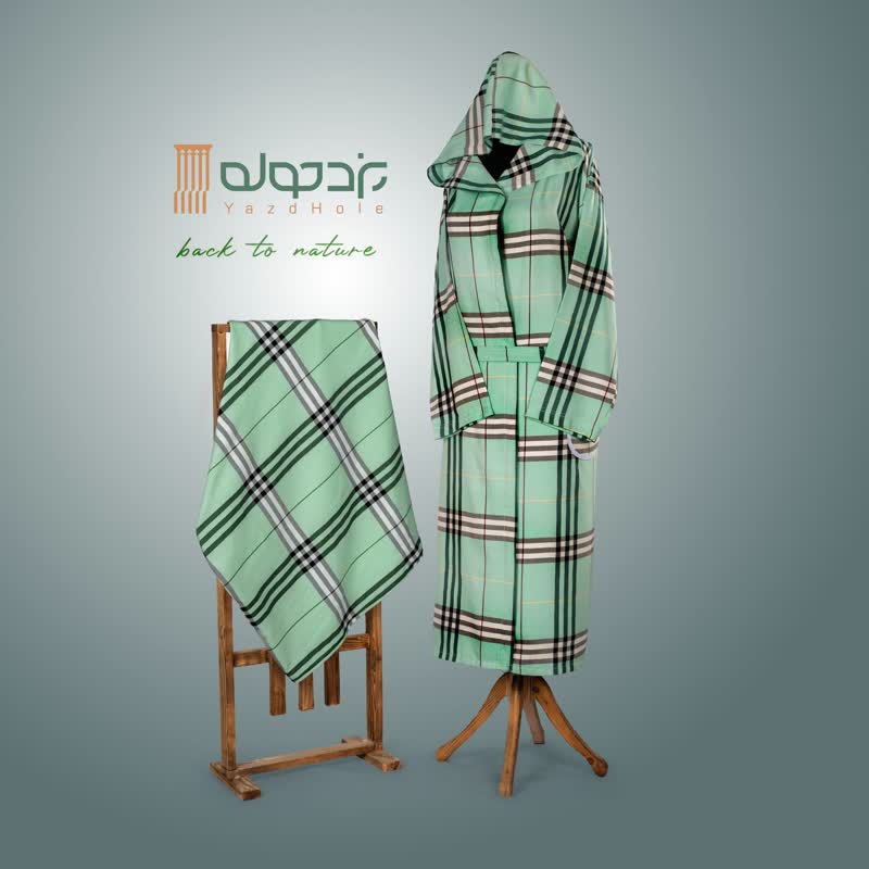 حوله تنپوش نخی سنتی یزدی طرح چهارخونه فلورا سبزآبی (صادراتی)